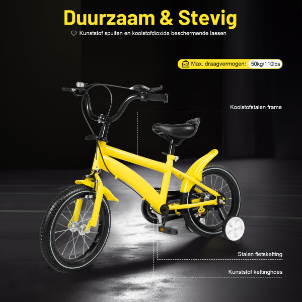 14 inch kinderfiets - geel - coole en veilige speelfiets - unisex fiets met verwijderbare stabilisatoren - cadeau voor kind