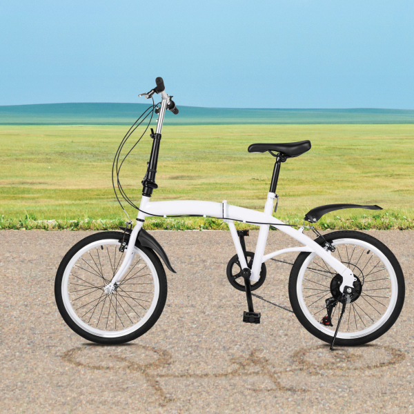 20" Vouwfiets van koolstofstaal - Kleine unisex-vouwfiets - 7 versnellingen - V-rem voor en achterrem - Stadsfiets voor volwassenen - Wit