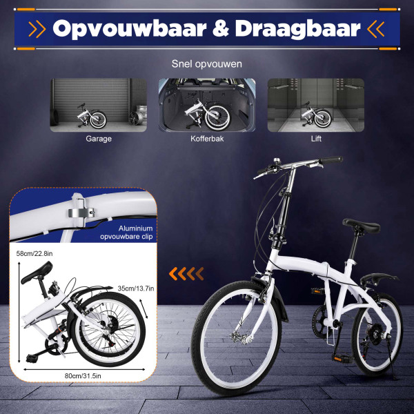 20" Vouwfiets van koolstofstaal - Kleine unisex-vouwfiets - 7 versnellingen - V-rem voor en achterrem - Stadsfiets voor volwassenen - Wit
