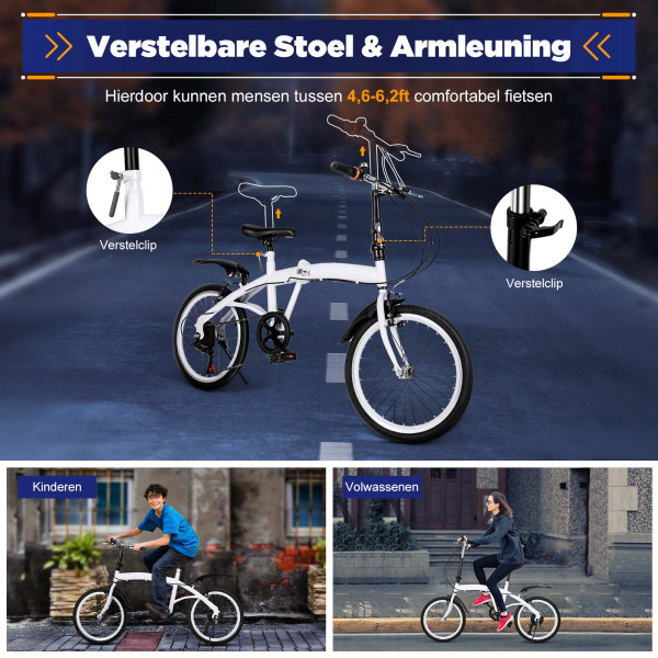 20" Vouwfiets van koolstofstaal - Kleine unisex-vouwfiets - 7 versnellingen - V-rem voor en achterrem - Stadsfiets voor volwassenen - Wit