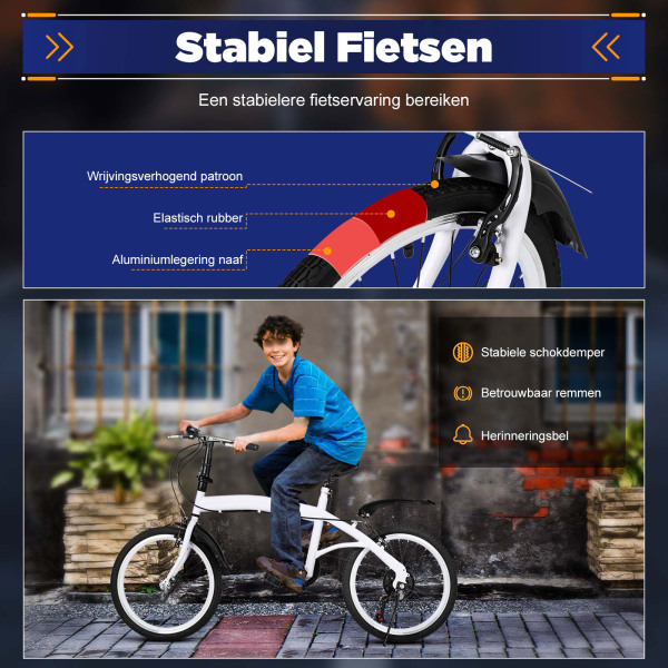 20" Vouwfiets van koolstofstaal - Kleine unisex-vouwfiets - 7 versnellingen - V-rem voor en achterrem - Stadsfiets voor volwassenen - Wit