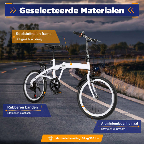 20" Vouwfiets van koolstofstaal - Kleine unisex-vouwfiets - 7 versnellingen - V-rem voor en achterrem - Stadsfiets voor volwassenen - Wit