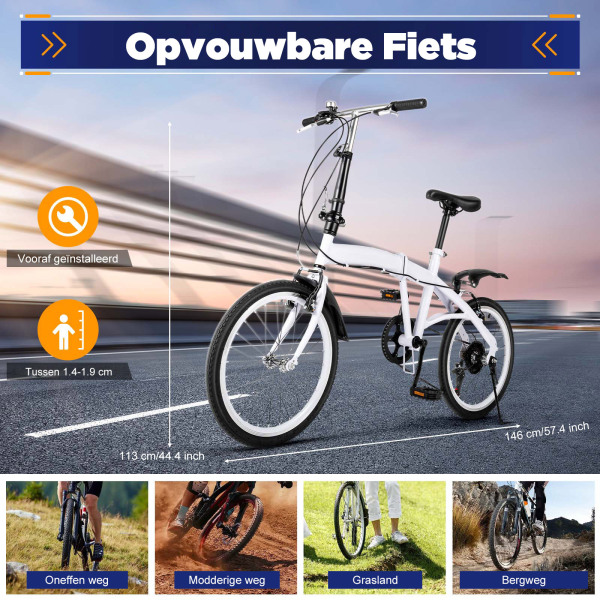 20" Vouwfiets van koolstofstaal - Kleine unisex-vouwfiets - 7 versnellingen - V-rem voor en achterrem - Stadsfiets voor volwassenen - Wit