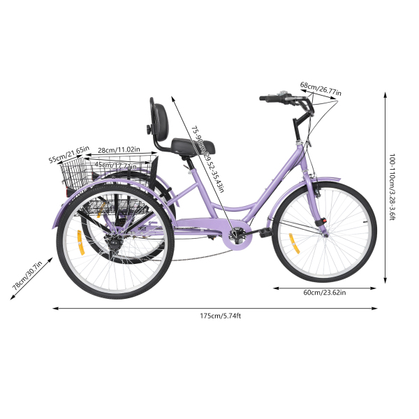 7-versnellingen volwassen driewieler, 24 inch volwassen driewieler, verstelbare volwassen driewieler met mand - paars 7-versnellingen volwassen driewieler, 24 inch volwassen driewieler, verstelbare volwassen driewieler met mand - paars
