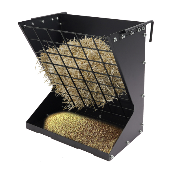 Grote hooirek voor schapen en geiten, hooirek, 2-in-1 hooi & graan/voederbak voor geiten, paarden, schapen, konijnen, koeien - zwart