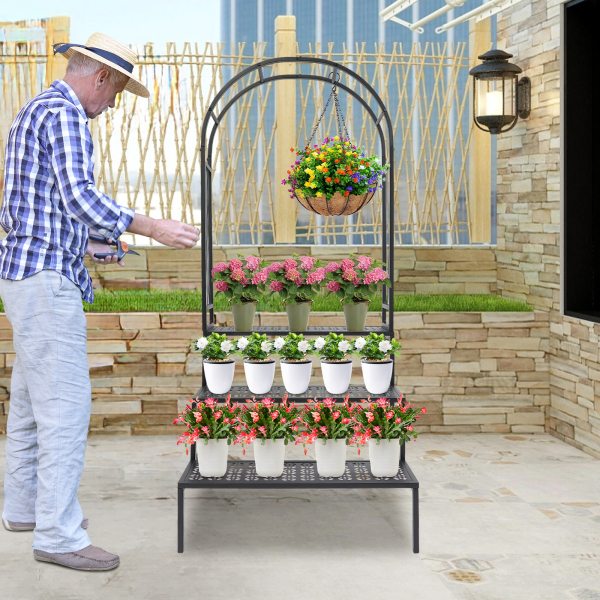 70X60X165cm 3-laags plantenstandaard met tuinboog, bloempothouder displayplank, tuinprieel voor klimplanten