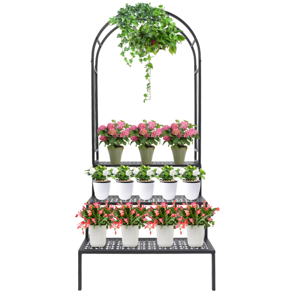 70X60X165cm 3-laags plantenstandaard met tuinboog, bloempothouder displayplank, tuinprieel voor klimplanten