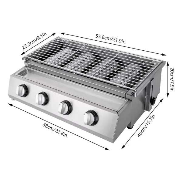 Gasbarbecue, 4 branders, LPG, gas, tafel, barbecue, tuin, RVS steaktafel 2800 Pa Gasbarbecue, 4 branders, LPG, gas, tafel, barbecue, tuin, RVS steaktafel 2800 Pa