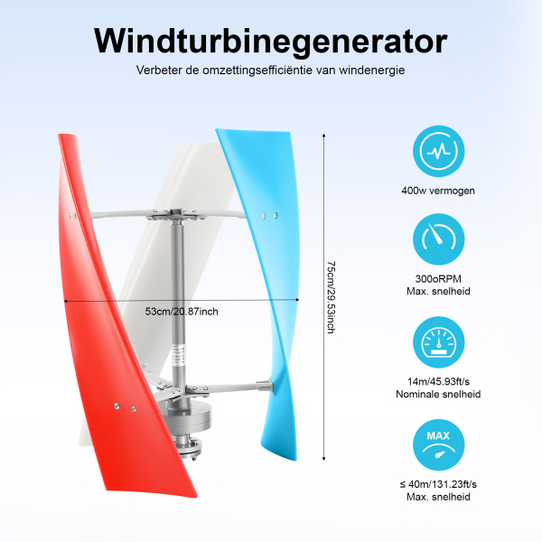 Verticale windturbine 3 bladen met regelaar 24 V 400 W Verticale windturbine met regelaar