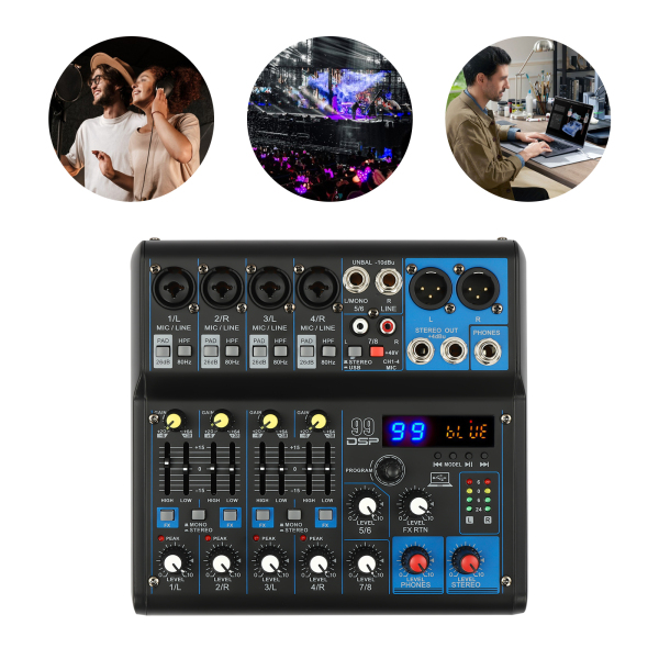 Professionele 7-kanaals geluidsmixer Audio-aangedreven mixer 7-kanaals geluidsconsole