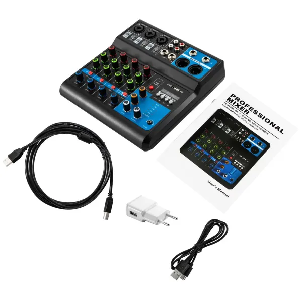 Mini DJ Audio Mixer Geluidskaart Consolesysteem, 5-kanaals 48V fantoomvoeding met Bluetooth USB MP3