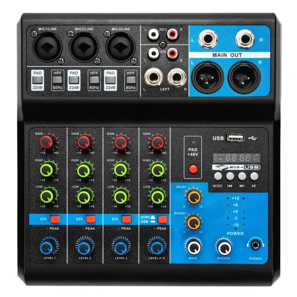 Mini DJ Audio Mixer Geluidskaart Consolesysteem, 5-kanaals 48V fantoomvoeding met Bluetooth USB MP3