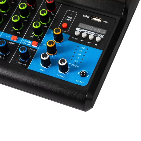 Mini DJ Audio Mixer Geluidskaart Consolesysteem, 5-kanaals 48V fantoomvoeding met Bluetooth USB MP3 Mini DJ Audio Mixer Geluidskaart Consolesysteem, 5-kanaals 48V fantoomvoeding met Bluetooth USB MP3