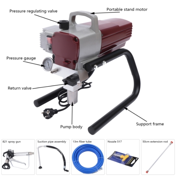 1800W 220V airless verfspuit met instelbare spuitdruk en slang voor muur, plafond, hout 1800W 220V airless verfspuit met instelbare spuitdruk en slang voor muur, plafond, hout